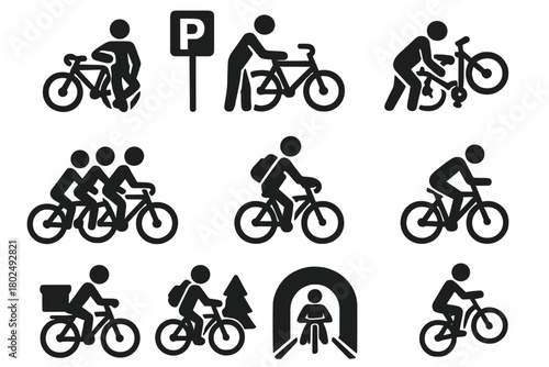 Cycling Icons Collection. Solid style icons of Cycling life: resting with bike, parking bike, repairing bike, riding in group,