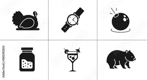 Silhouette icons of turkey, watch, bowling ball, spice jar, cocktail, and bear