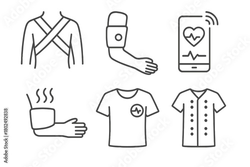 Healthcare Textile Icons. Line style icons of Healthcare Smart Textiles: posture support wrap, blood pressure sleeve, remote