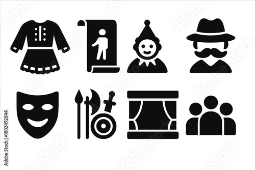 Traditional Folk Theatre Icons. Solid style icons of Traditional Folk Theatre: Costume, Play, Mumming, Disguise, Mask, Props,