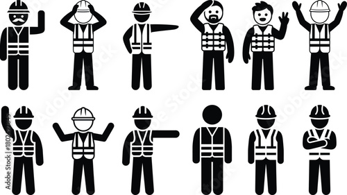 Construction worker stick figures wearing hard hats safety vests
