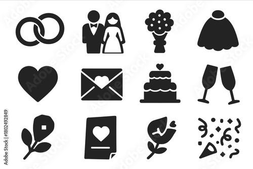 Wedding Symbols Icons. Solid style icons of Wedding symbols: wedding rings, bride and groom, bouquet, veil, tuxedo, heart, love