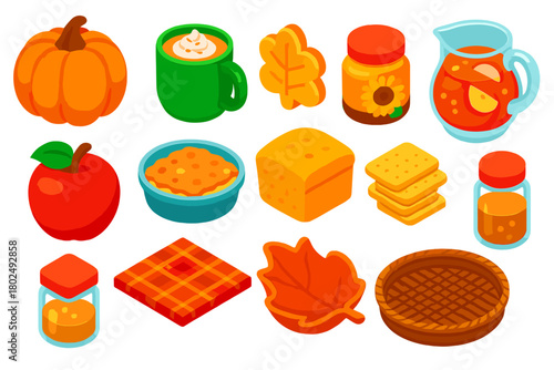 Autumn Harvest Icons. Isometric vector illustration set pumpkin, sunflower, apples, and more: pumpkin latte in mug, pumpkin-shaped