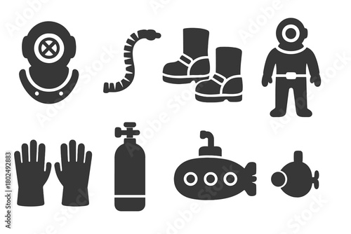 Antique Diving Gear Icons. Solid style icons of Antique Diving Gear: Helmet, Air Hose, Weighted Boots, Deep Sea, Suit, Gloves,