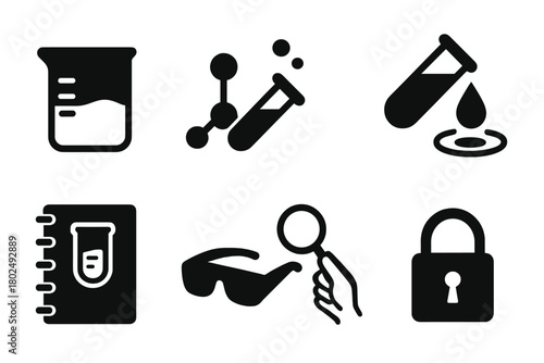 Science Icons Collection. Solid style icons of science experiment visuals: Beaker Icon, Reaction Chart, Test Tube Pour, Viscosity