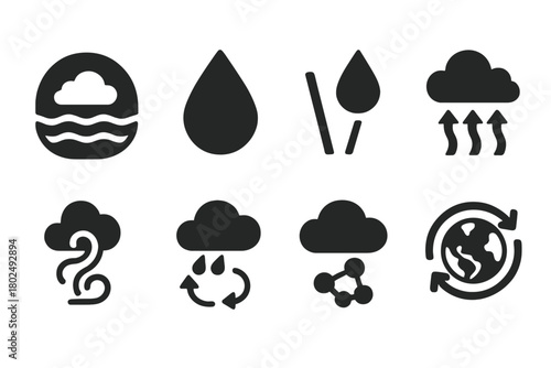 Atmospheric Science Icons. Solid style icons of atmospheric science concepts: Troposphere Slice, Moisture Content Dot, Vapor