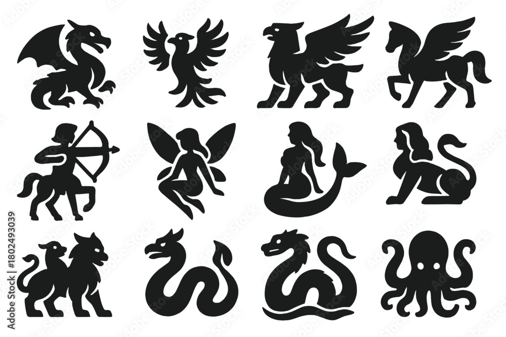 Obraz premium Mythical Creature Icons. Solid style icons of Mythical creatures: dragon, phoenix, griffin, pegasus, centaur, fairy, mermaid,