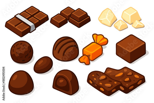 Colorful Chocolate Collection. Isometric vector illustration set sweet treats collection: chocolate bar, milk chocolate squares,