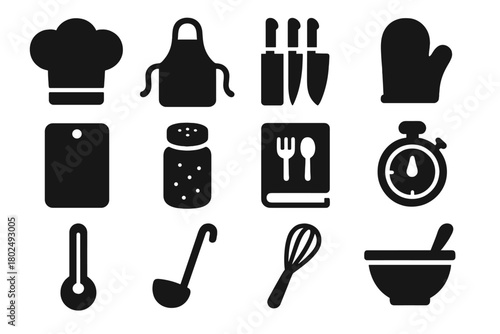 Chef Essentials Icons. Solid style icons of Chef essentials: chef hat, apron, knife set, oven mitt, cutting board, spice jar,
