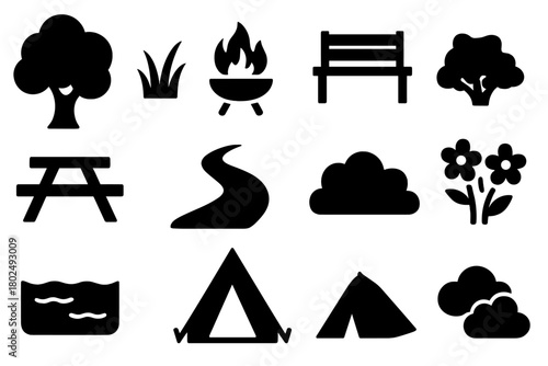 Outdoor Icon Set. Solid style icons of Outdoor cooking: picnic table, folding chair, cooler, blanket, sun umbrella, fire pit,