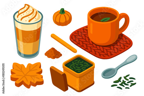 Autumn Drink Collection. Isometric vector illustration set autumn drinks and tea: caramel latte glass, whipped cream topping,