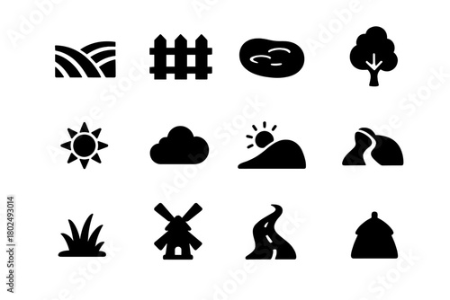 Farm Icons Collection. Solid style icons of Outdoor farm environment: field, fence, pond, tree, sun, cloud, hill, dirt path, grass