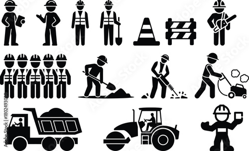 Construction workers and equipment icons for site development