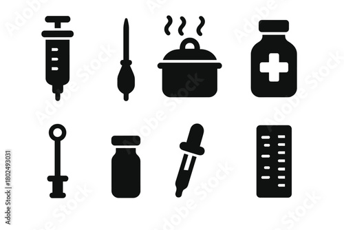 Vintage Medical Tools. Solid style icons of Antique Medical Syringe Set: Glass, Reusable Needle, Sterilizer, Medicine, Plunger,