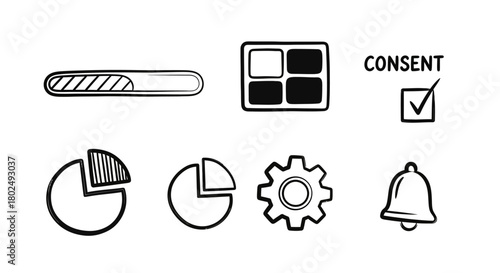 Hand-drawn ui elements: progress bars, charts, gear, bell, and toggle switch