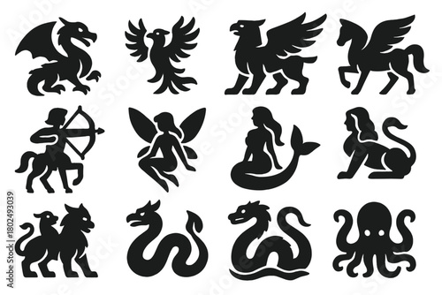 Mythical Creature Icons. Solid style icons of Mythical creatures: dragon, phoenix, griffin, pegasus, centaur, fairy, mermaid,