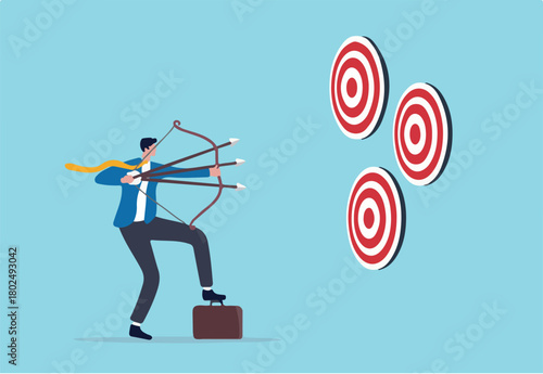 Multitasking or multiple purpose strategy, aiming for many targets or goal, skillful professional to achieve success in work and career concept, businessman aiming multiple bows on three targets. 