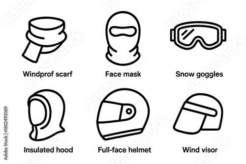 Wind Protection Icons. Line style icons of Wind Protection Accessories: windproof scarf, face mask, snow goggles, insulated hood,