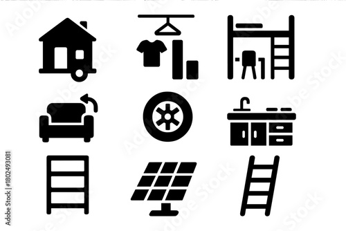Compact Living Icons. Solid style icons of Compact Living Solutions: Tiny House, Minimalism, Loft Bed, Multi-use Furniture, Wheels