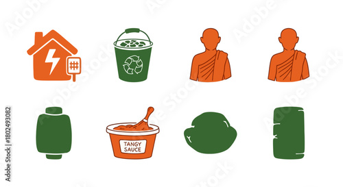 Eco-friendly icons: home, recycling, and monks in simple green and orange