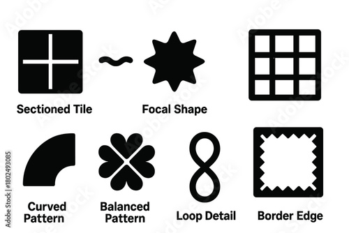 Doodle Icon Elements. Solid style icons of structured doodle elements: Sectioned Tile, Dividing Line, Focal Shape, Framed Grid,