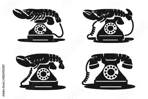Vintage Lobster Phone. olid style icons of Vintage Lobster Phone: Surrealist Art, Crustacean, Receiver, Dalí, Rotary Dial, Cord,