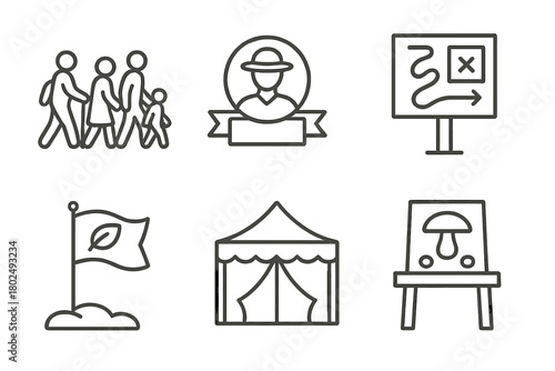 Community Foraging Icons. Line style icons of Community Foraging Events: group walk icon, local guide badge, trail map post,
