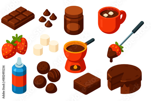 Chocolate Delight Icons. Isometric vector illustration set cooking themes: chocolate bar, chocolate chips, cocoa powder jar, hot