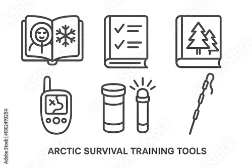 Arctic Survival Tools Icons. Line style icons of Arctic Survival Training Tools: cold resistance manual, emergency checklist,