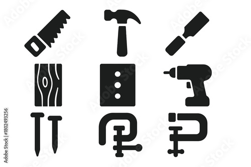 DIY Woodworking Icons. Solid style icons of DIY Woodworking: Saw, Hammer, Chisel, Wooden Plank, Sandpaper, Drill, Nails, Clamps,