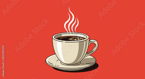 Aromatic coffee cup with rising steam on red background