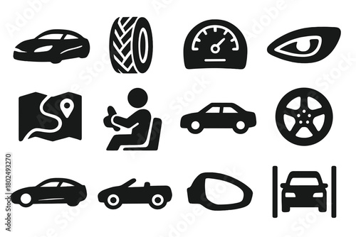 Car Design Elements. Solid style icons of Cars and vehicles: sedan, SUV, hatchback, convertible, pickup truck, sports car, minivan