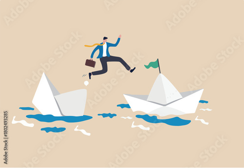 Escape from risk or danger, run away or flee from fail or bankruptcy company, change job or move to new better workplace concept, frustrated businessman jump to escape from sinking ship to better one