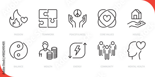 Core values line icon set. Passion, teamwork, peacefulness, core values, house, balance, wealth, energy, community, mental health sign, symbol. Vector illustration. Editable stroke.