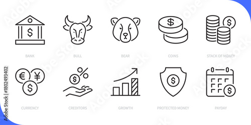 Finance & business line icon set. Bank, bull, bear, coins, stack of money, currency, creditors, growth, protected money, payday, dollar sign, symbol. Vector illustration. Editable stroke.