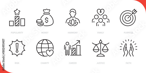 Core values line icon set. Popularity, money, harmony, family, purpose, risk, charity, career, justice, faith sign, symbol. Vector illustration. Editable stroke.