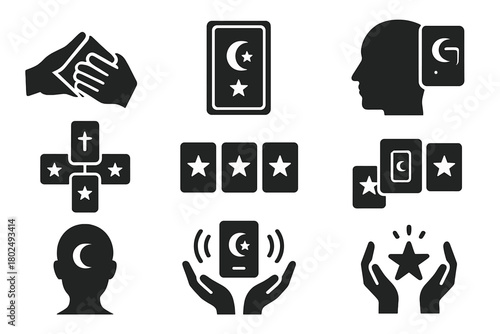 Tarot Reading Icons. Solid style icons of tarot reading process: Shuffling Hands, Drawn Card, Interpreting Gaze, Cross Spread,