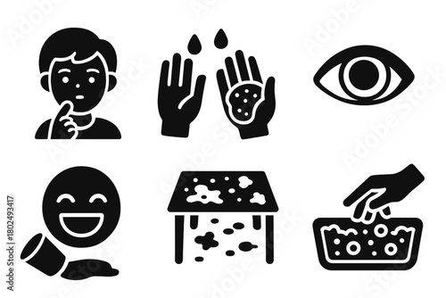 Sensory Science Icons. Solid style icons of sensory science activity: Curious Child, Wet Hands, Squishy Texture, Focused Eyes,