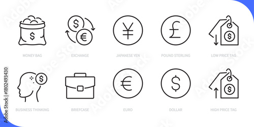 Finance & business line icon set. Money bag, exchange, Japanese yen, pound sterling, low price tag, business thinking, briefcase, euro, dollar, high price tag. Vector illustration. Editable stroke.