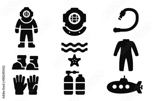 Retro Diving Gear Icons. Solid style icons of Retro Deep Sea Gear: Vintage Diving Suit, Helmet, Air Hose, Weighted Boots, Deep Sea