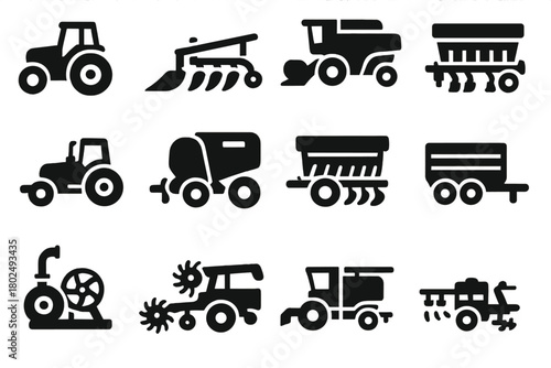 Farm Machinery Icons. Solid style icons of Farm machinery: tractor, plow, harvester, seed drill, cultivator, baler, trailer,