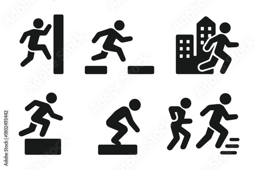 Parkour Icons. Solid style icons of Parkour: Wall Run, Precision Jump, Urban Environment, Flow, Vault, Landing, Agility, Movement,