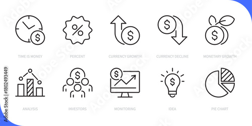 Finance & business line icon set. Time is money, percent, currency growth, decline, monetary growth, analysis, investors, monitoring, idea, pie chart sign, symbol. Vector illustration.Editable stroke.