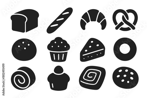 Bakery Goods Icons. Solid style icons of Bakery goods: bread loaf, baguette, croissant, pretzel, bun, muffin, scone, bagel, roll,
