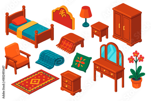 Isometric Bedroom Collection. Isometric vector illustration set bedroom elements collection: traditional wood bed, ornate