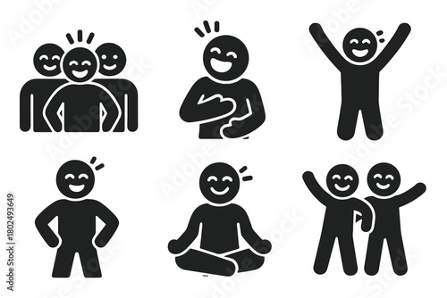 Laughter Yoga Icons. Solid style icons of Group Joy Exercise: Laughter Yoga, Group, Fake Laughter, Joy, Health, Exercise, Breath,