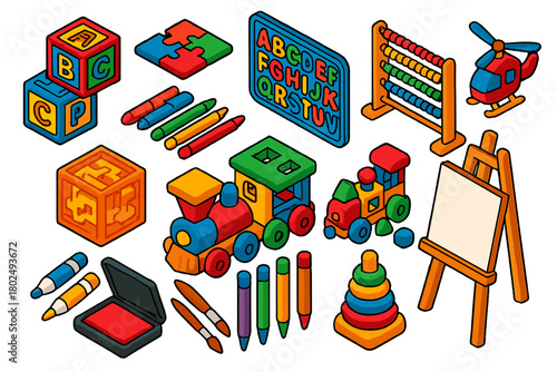 Colorful Isometric Toy Set. Isometric vector illustration set abc blocks, puzzles, crayons, and more: magnetic letter set,