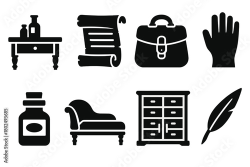 Antique Medical Icons. Solid style icons of old medicinal treatment: Apothecary Table, Aged Scroll, Leather Bag, Doctor’s Glove,