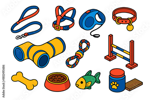 Pet Lover Icons. Isometric vector illustration set designs for dog and cat lovers: reflective leash, harness, retractable leash,