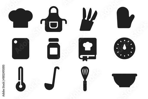 Chef Essentials Icons. Solid style icons of Chef essentials: chef hat, apron, knife set, oven mitt, cutting board, spice jar,